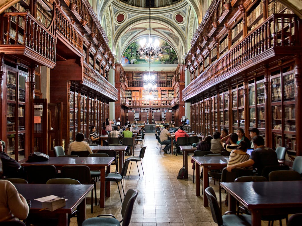 imagen del interior de una biblioteca en la que aparecen varias personas sentadas mientras leen y/o estudian